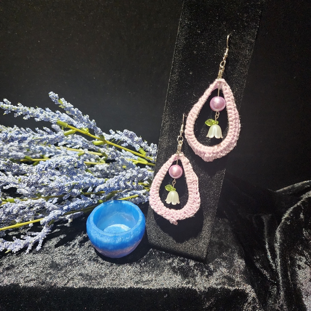 Hand Crafted Lilac Crochet Earrings With Pearl And Floral Charm